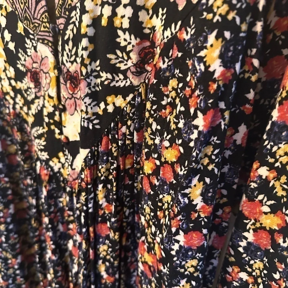 FREE People Wildflower Fields Tunic Top Dress Black Floral Bell Sleeve Buttons